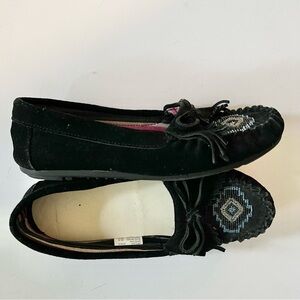 Moccasins in Black Suede with Beaded Top and Whipstitch Trim